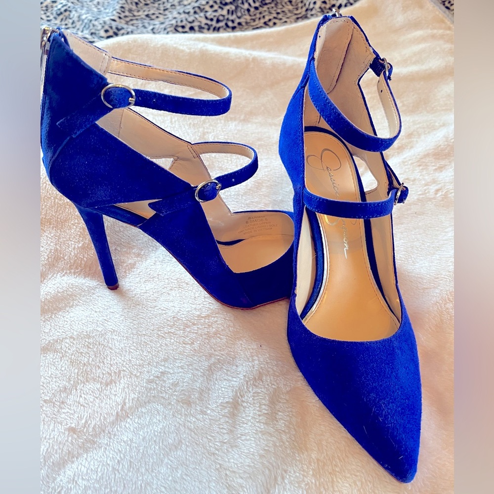Jessica Simpson Royal Blue Suede Pointed Toe Strappy Heels